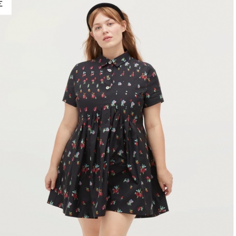 Hill House Home Black Floral Pintuck Button Front Mini Dress Large Short Sleeve